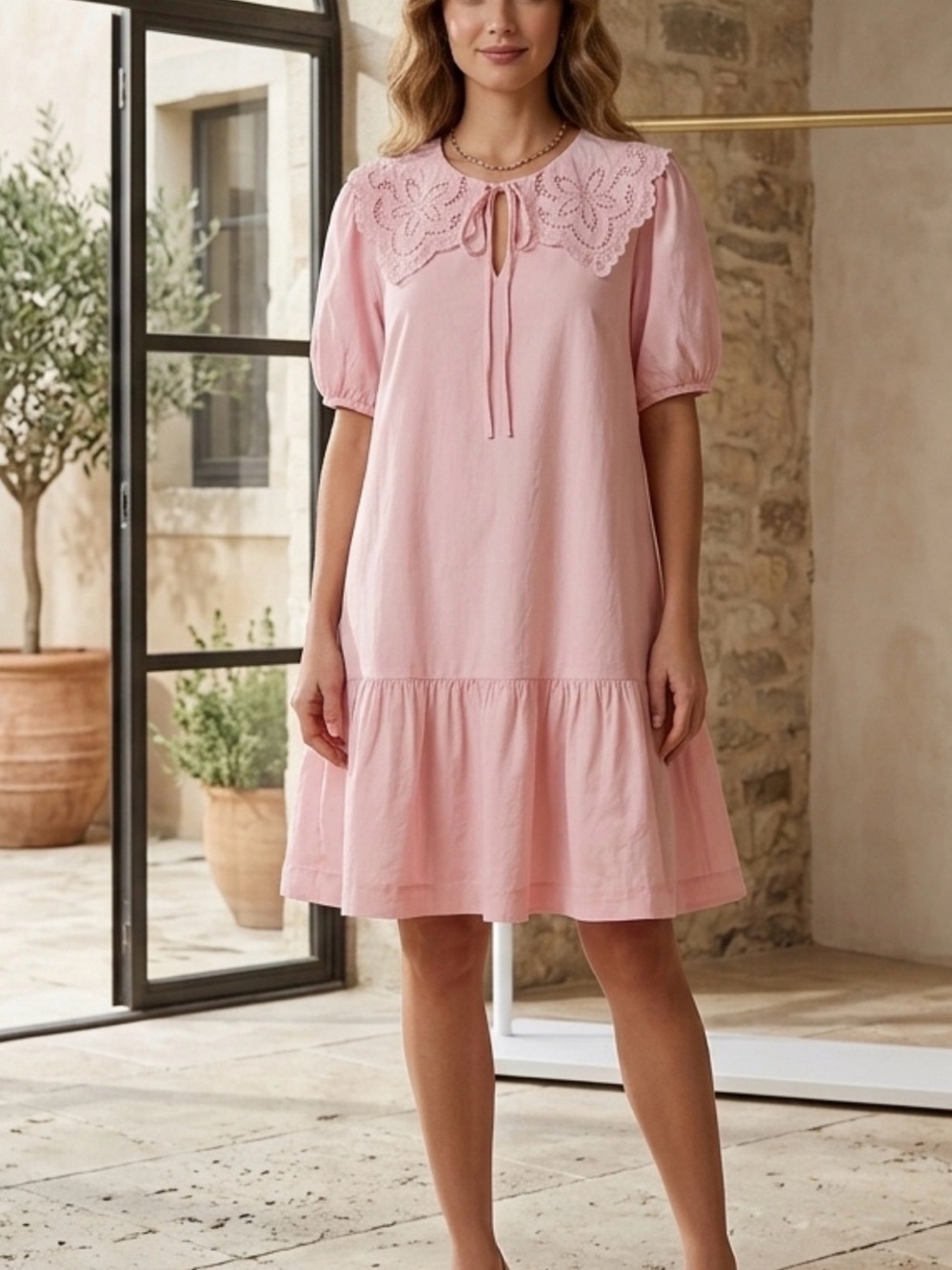 Umgee Pink Lace-Collar Babydoll Dress